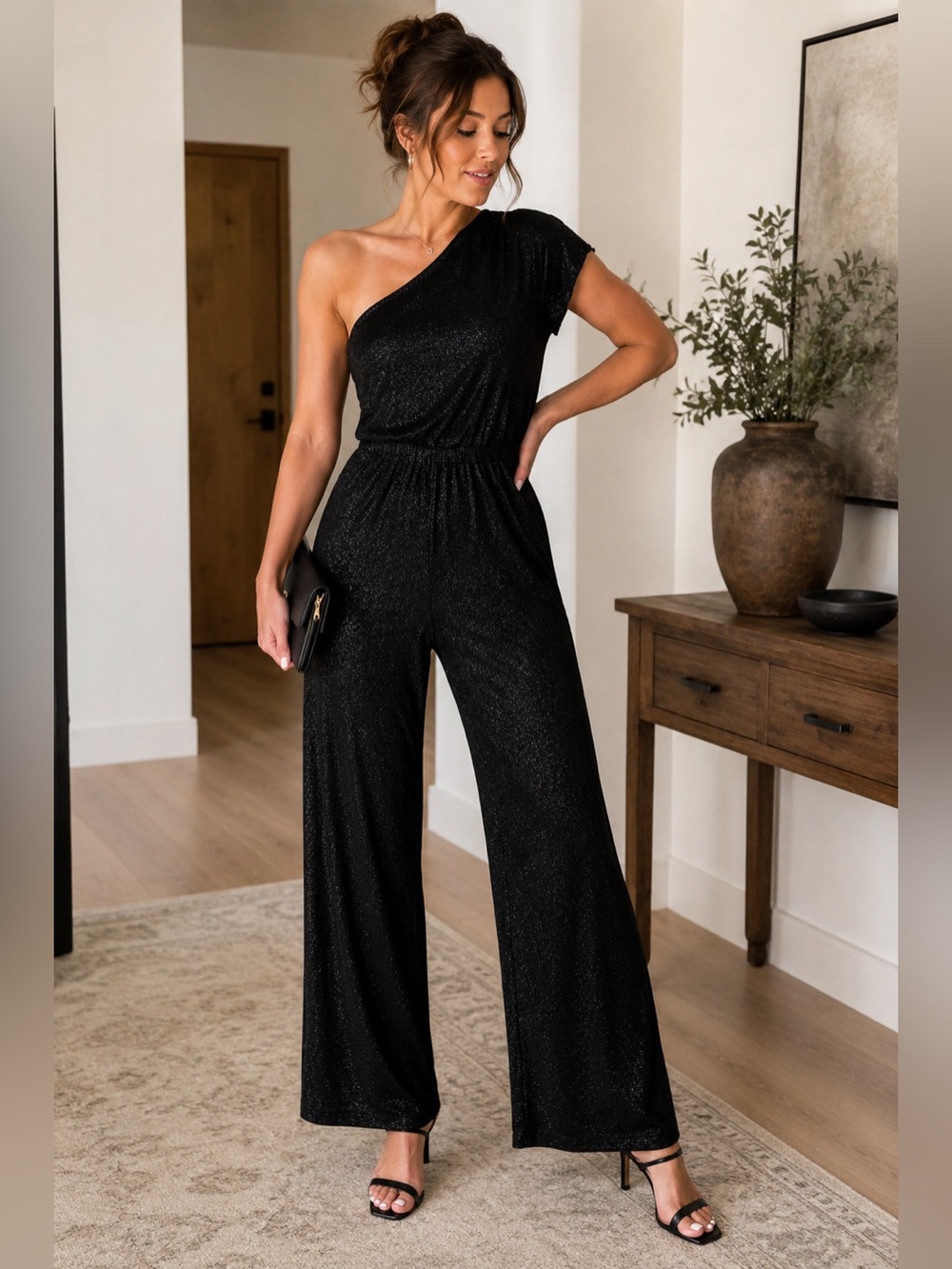 NEW Lily Morgan Women’s Shimmery Wide-Leg Jumpsuit - Black Large